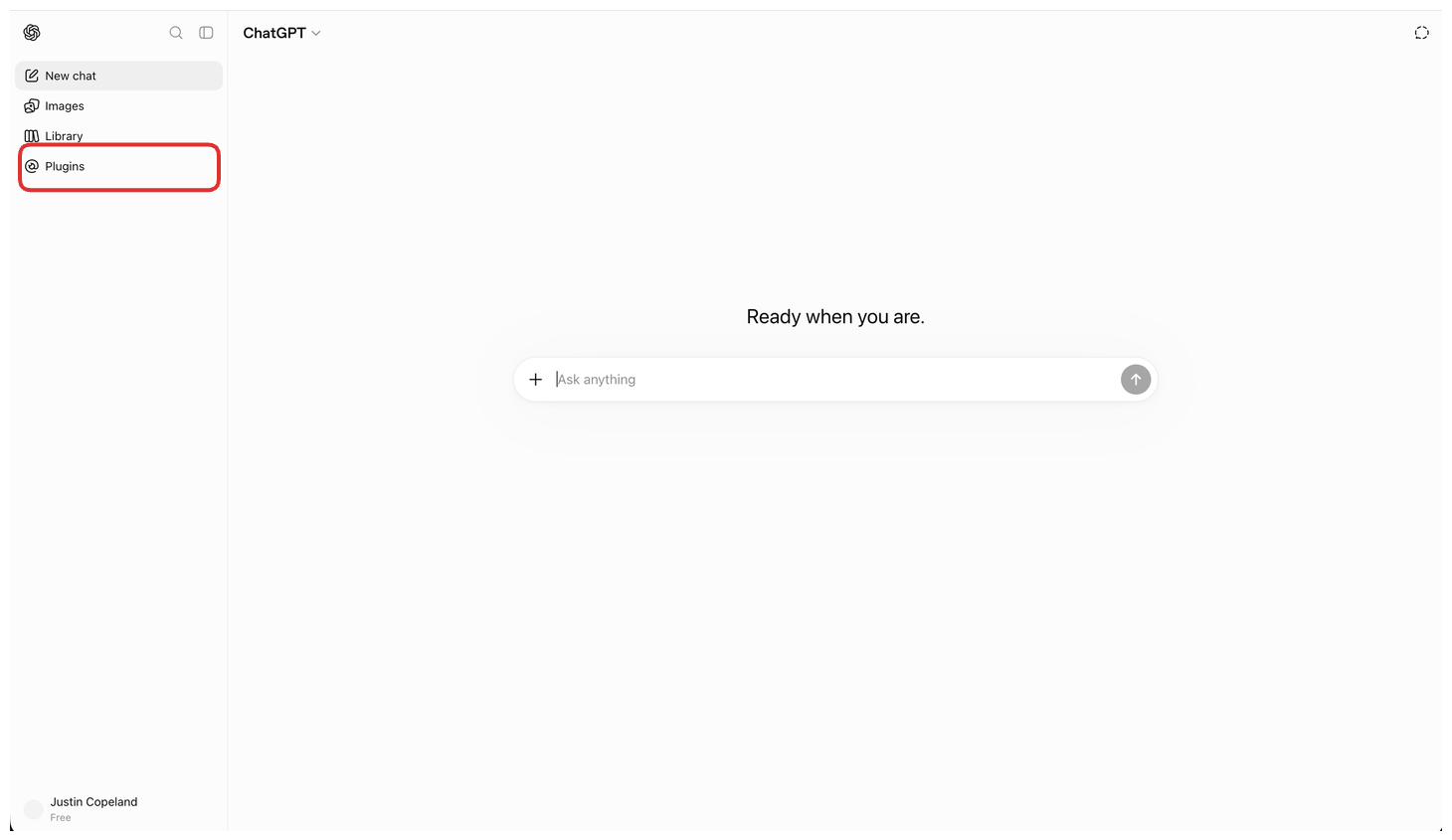 ChatGPT sidebar with Plugins highlighted