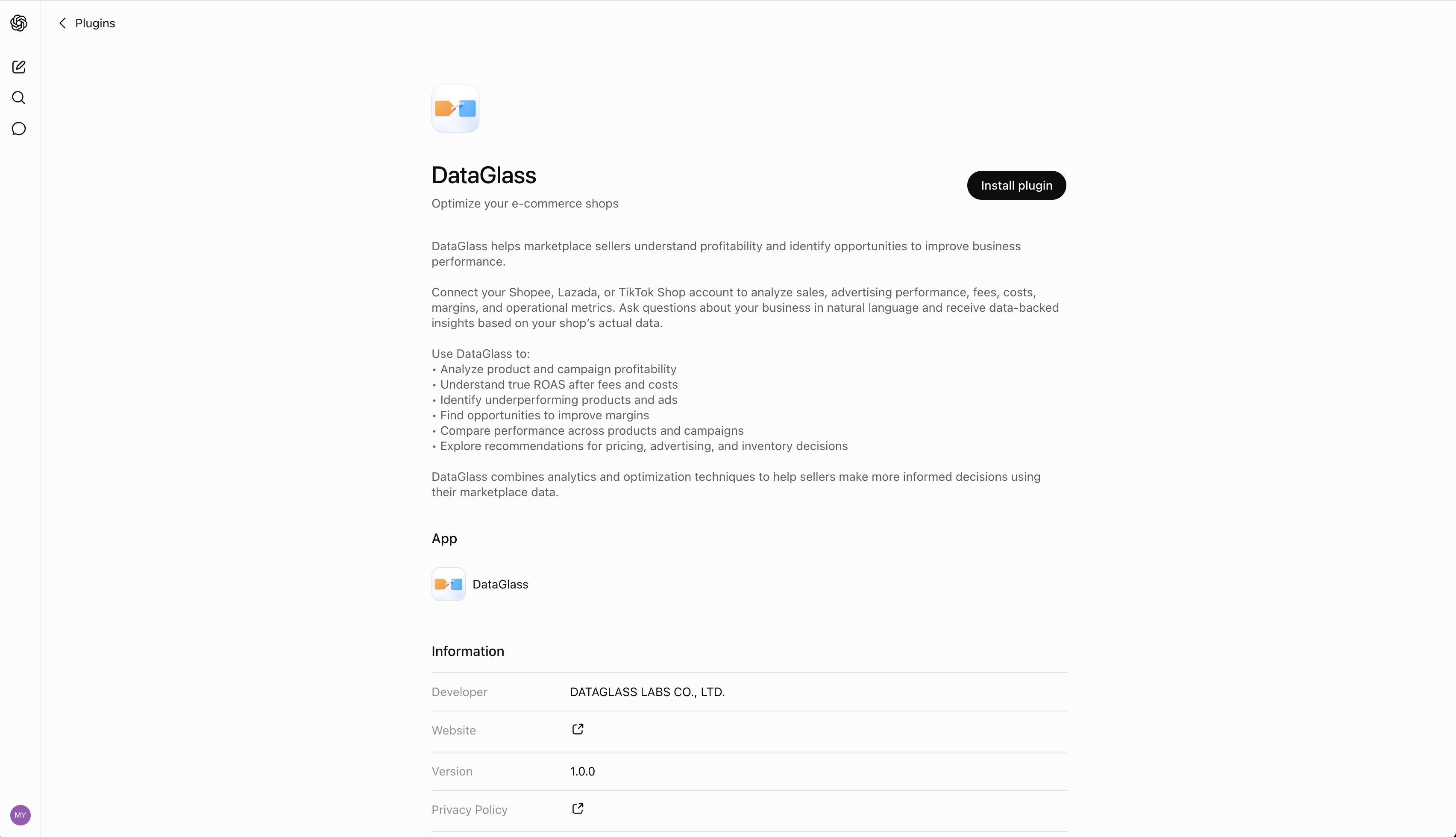 DataGlass plugin page with the Install plugin button