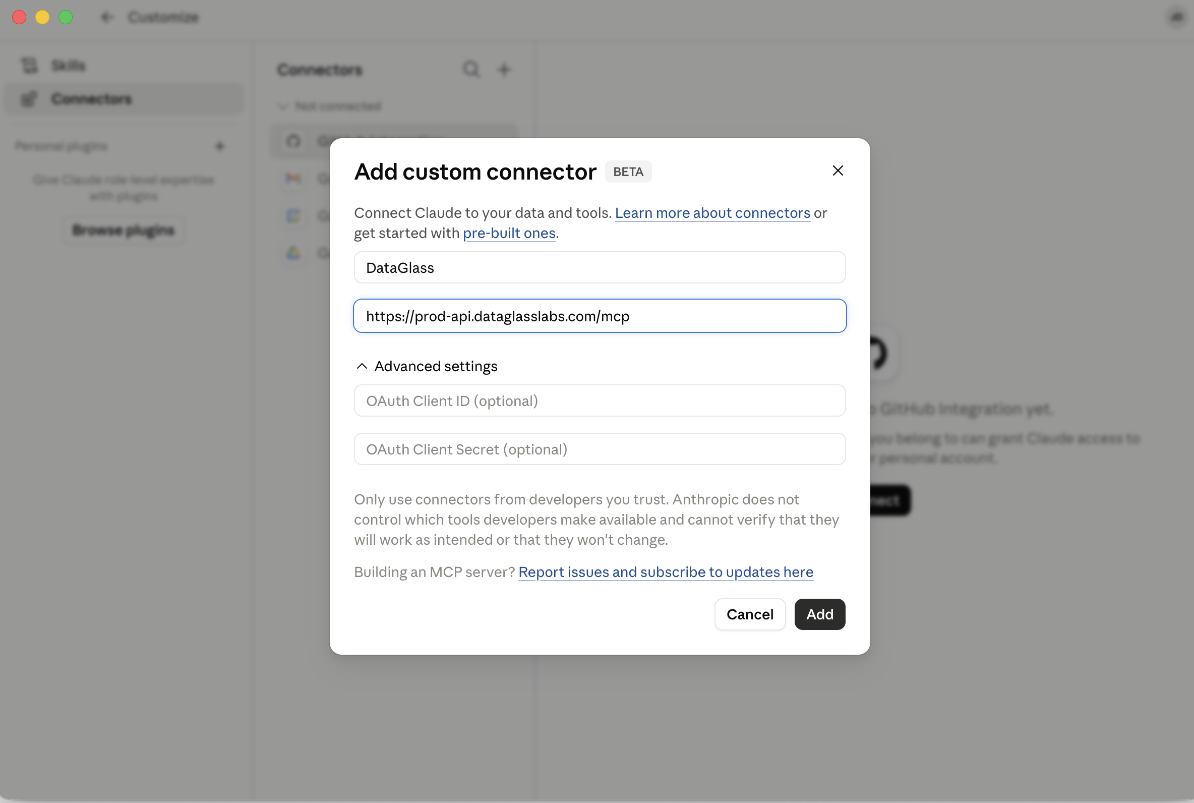 Add custom connector dialog with the DataGlass name and remote MCP server URL filled in