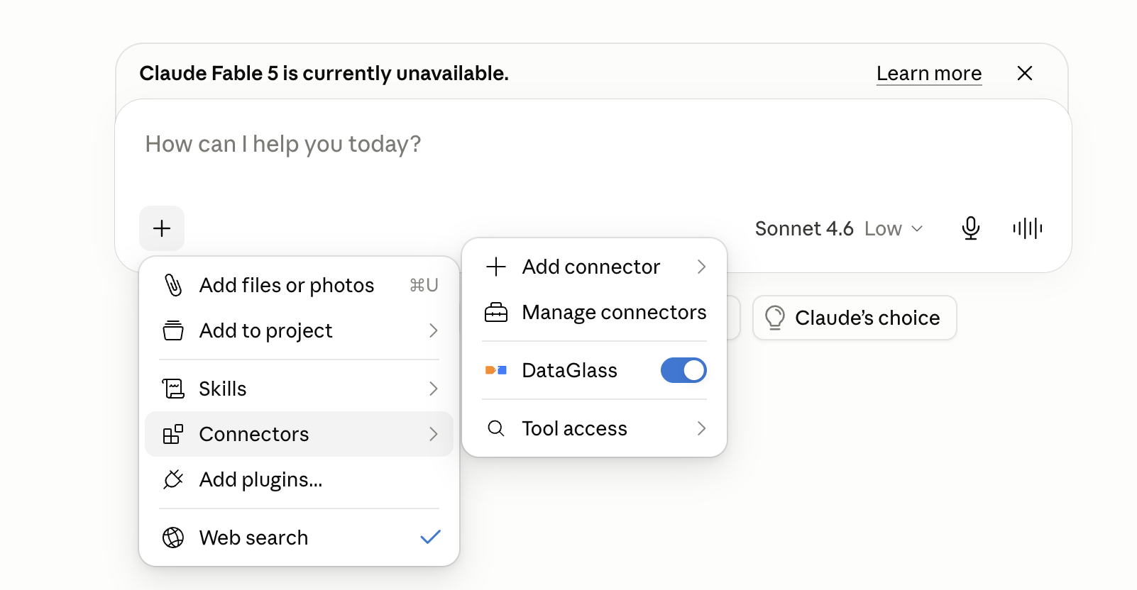 Claude chat using the DataGlass connector