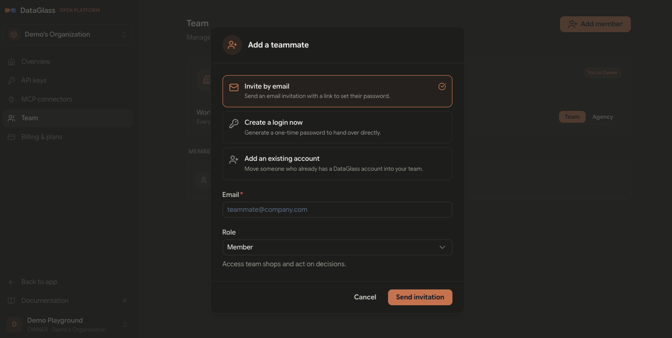 Add a teammate dialog showing the three methods, an email field, and a role selector