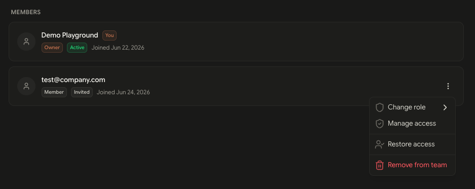 Member card action menu with Change role, Manage access, Restore access, and Remove from team