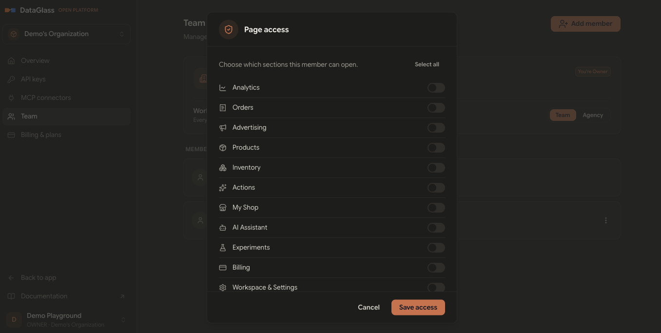 Page access dialog listing Analytics, Orders, Advertising, Products, Inventory, Actions, and more with toggles