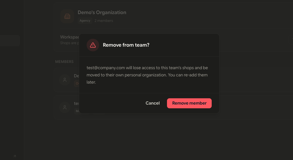 Remove from team confirmation dialog explaining the member will be moved to their own organization