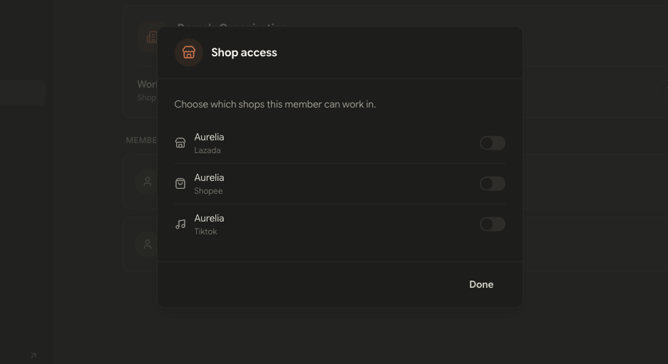 Shop access dialog listing shops across Lazada, Shopee, and TikTok with toggles