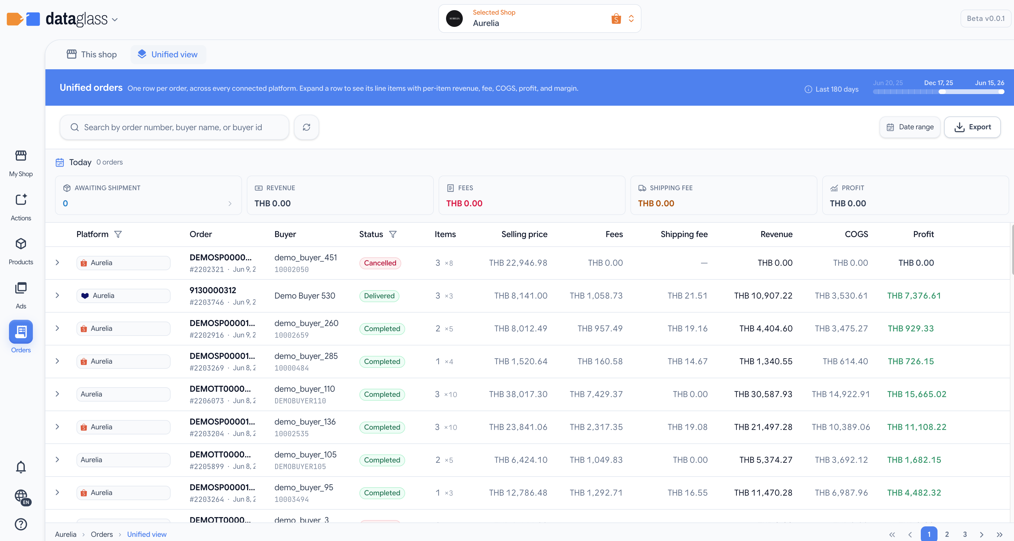 Orders list with buyer name, total, status, and unified search