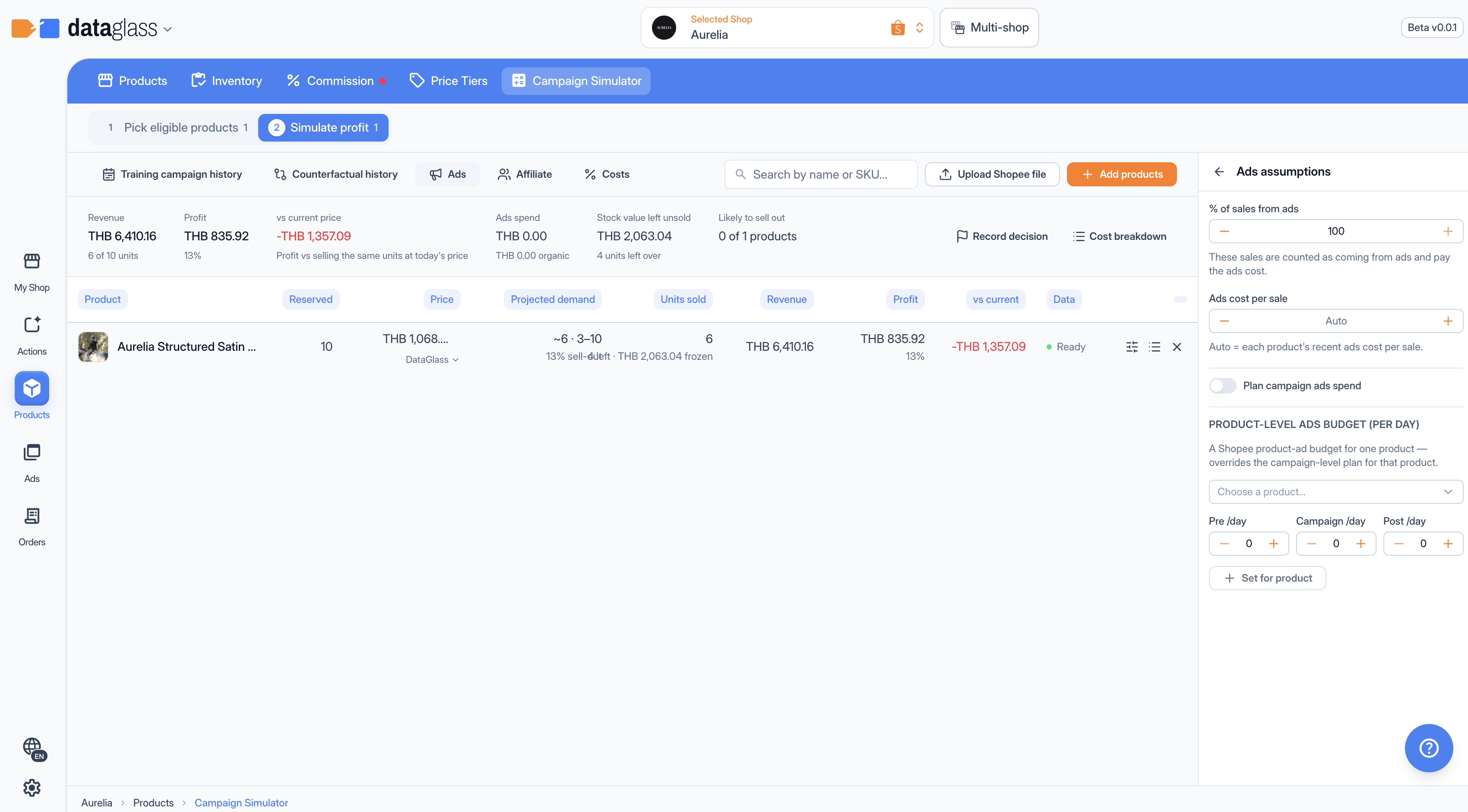 The Ads tool — plan campaign and per-product spend.