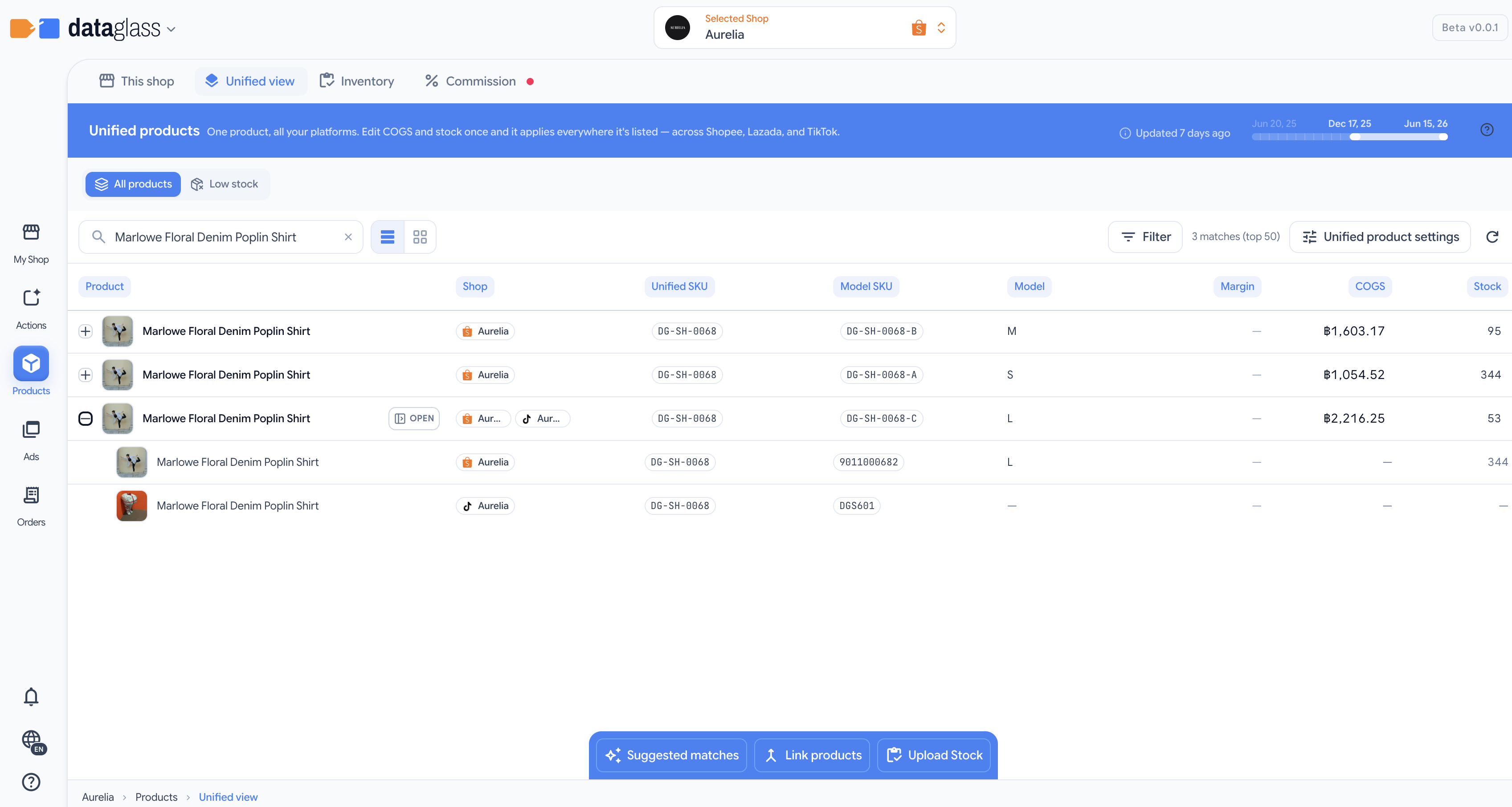 Unified products view showing canonical product rows with platform-specific Shopee, Lazada, and TikTok sub-rows