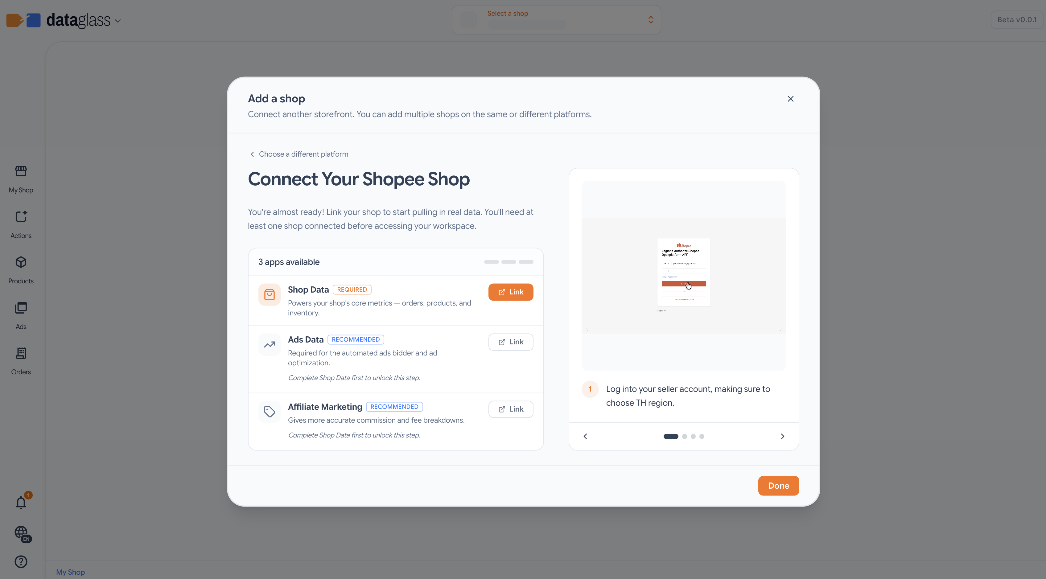 Shop connection dialog prompting platform selection and authorization